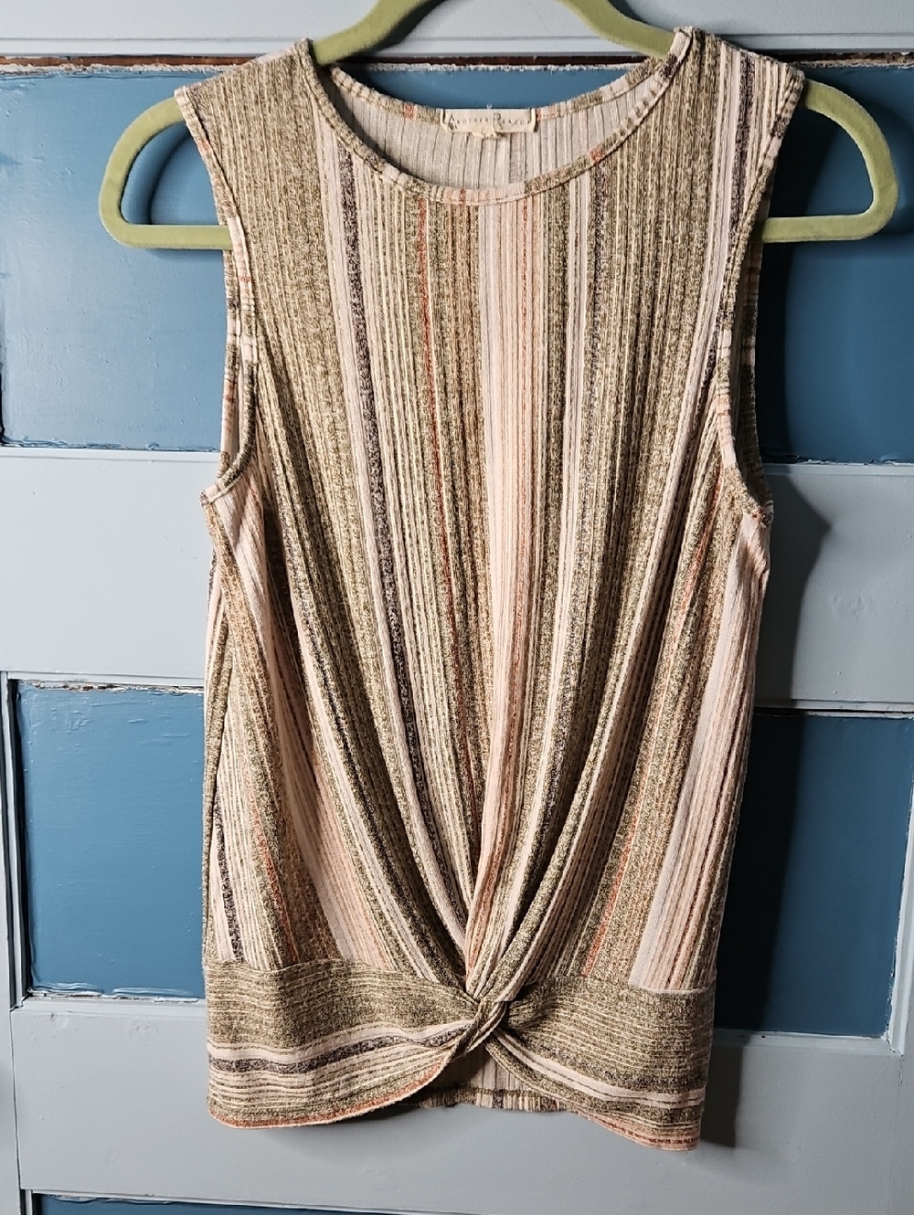 Another Reason Knot Front Sleeveless Striped Knit Top - Tan & Olive Small